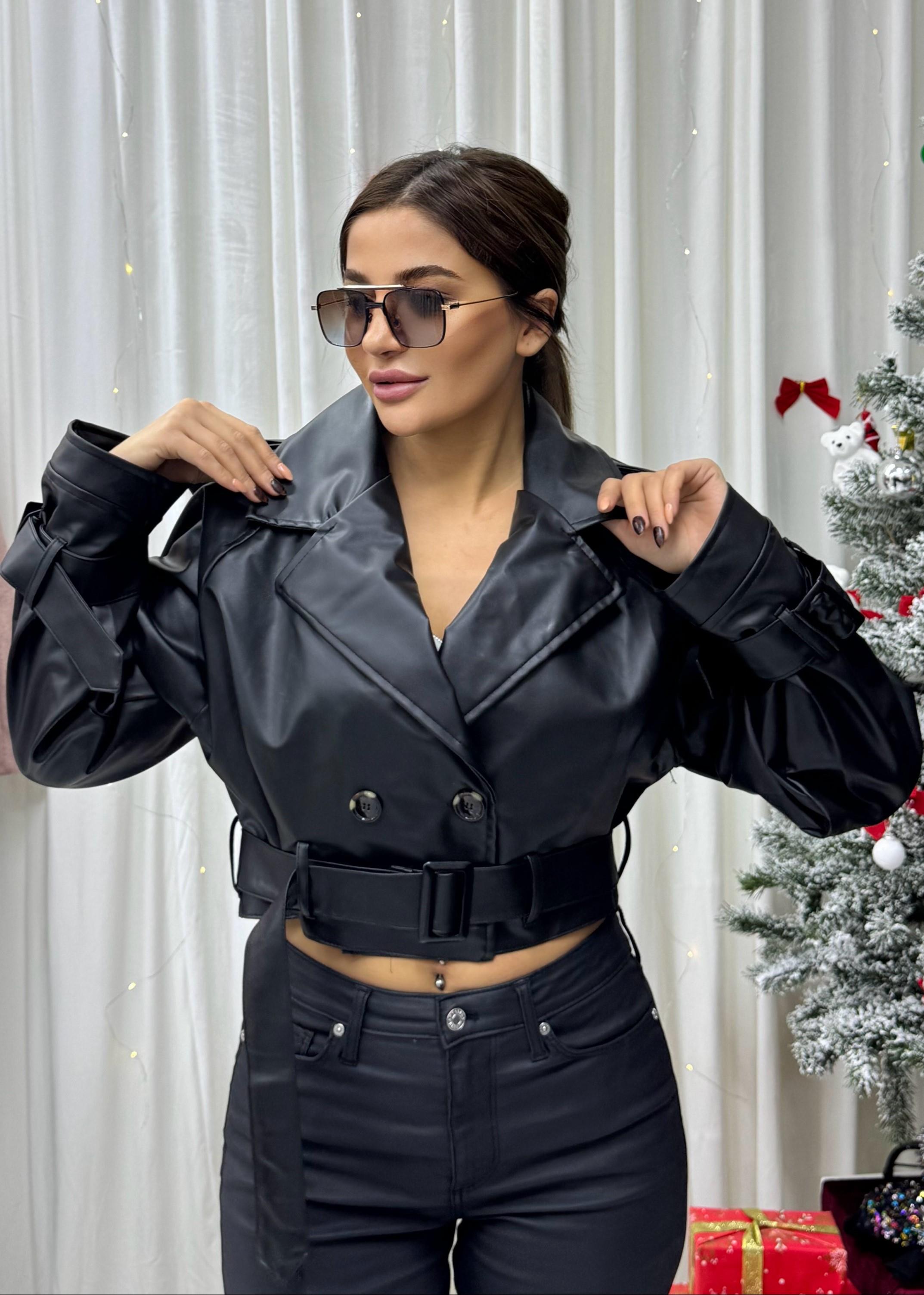Siyah Kuşaklı Crop Deri Ceket