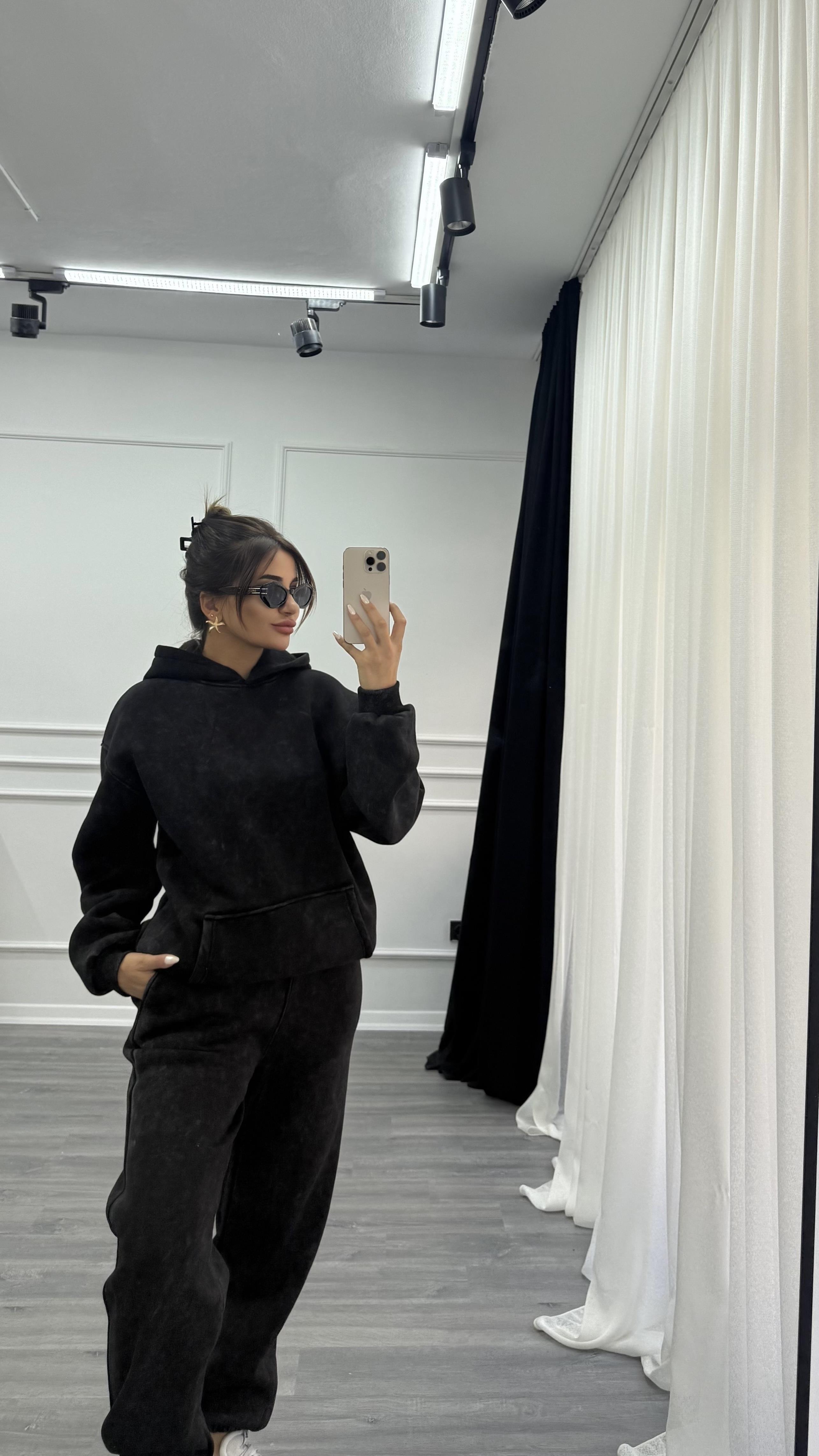 Siyah Yıkamalı Oversize Kalın İçi Polarlı  Örme Takım