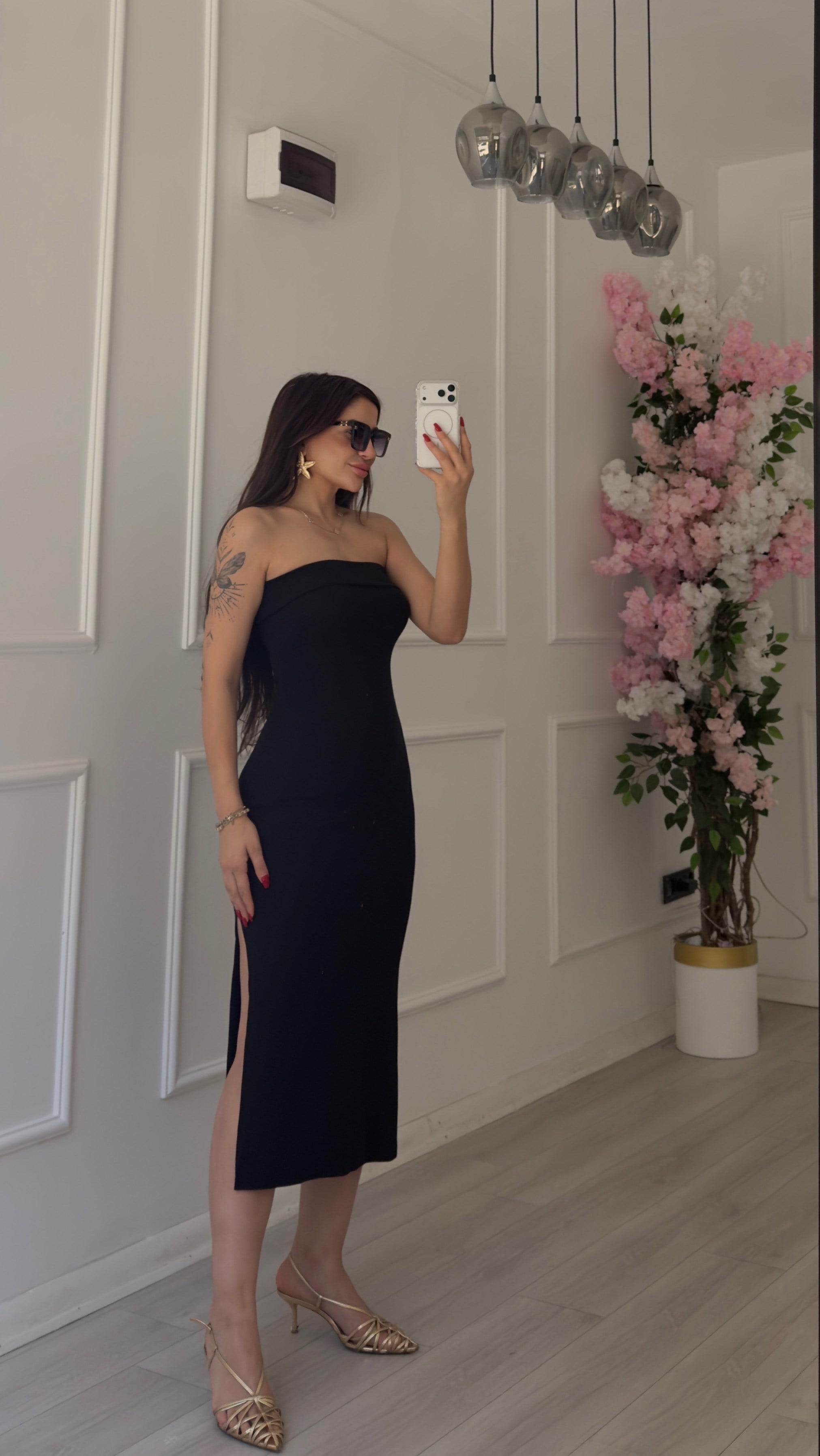 Straplez Yırtmaçlı Midi Elbise Siyah