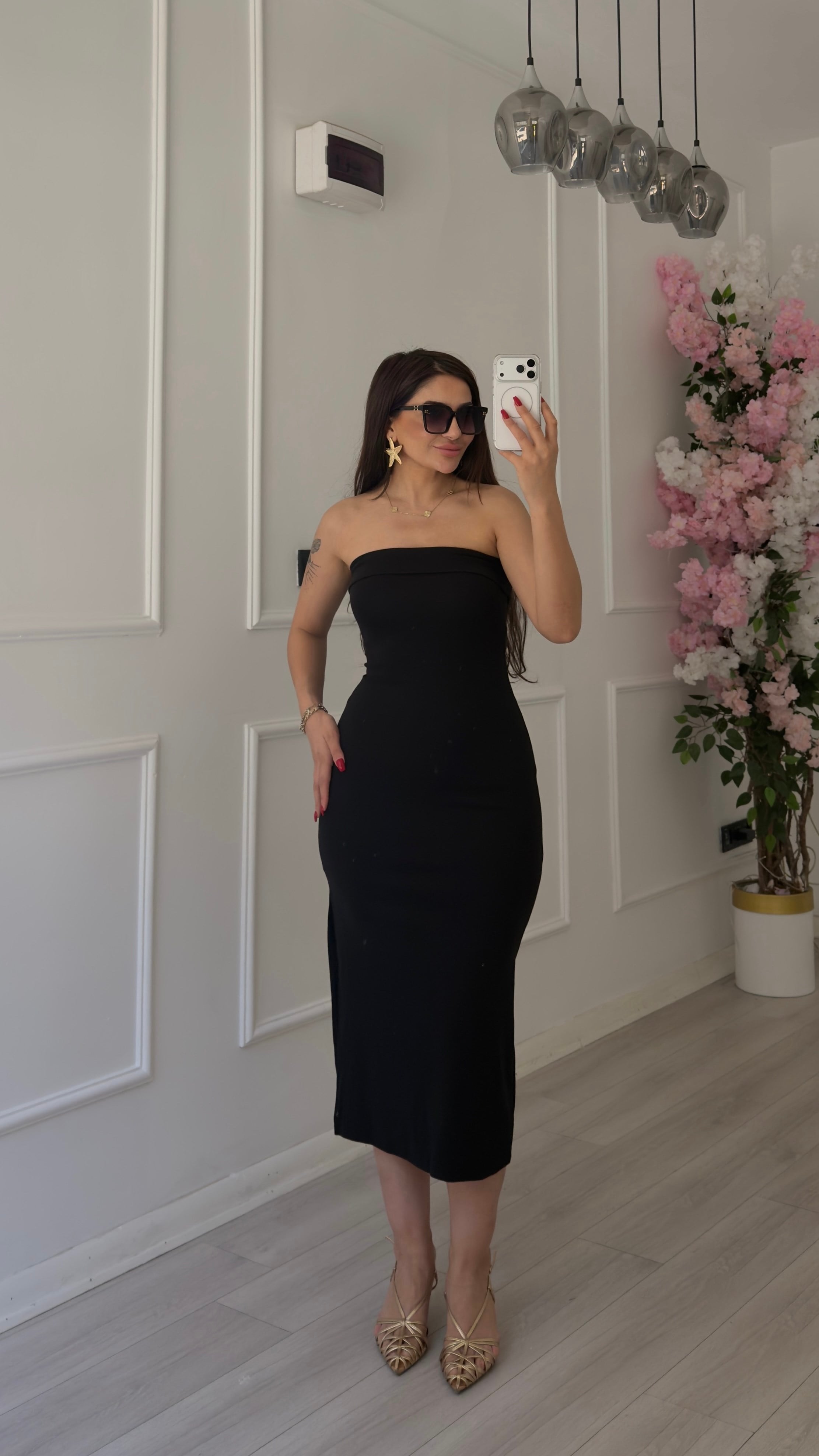 Straplez Yırtmaçlı Midi Elbise Siyah