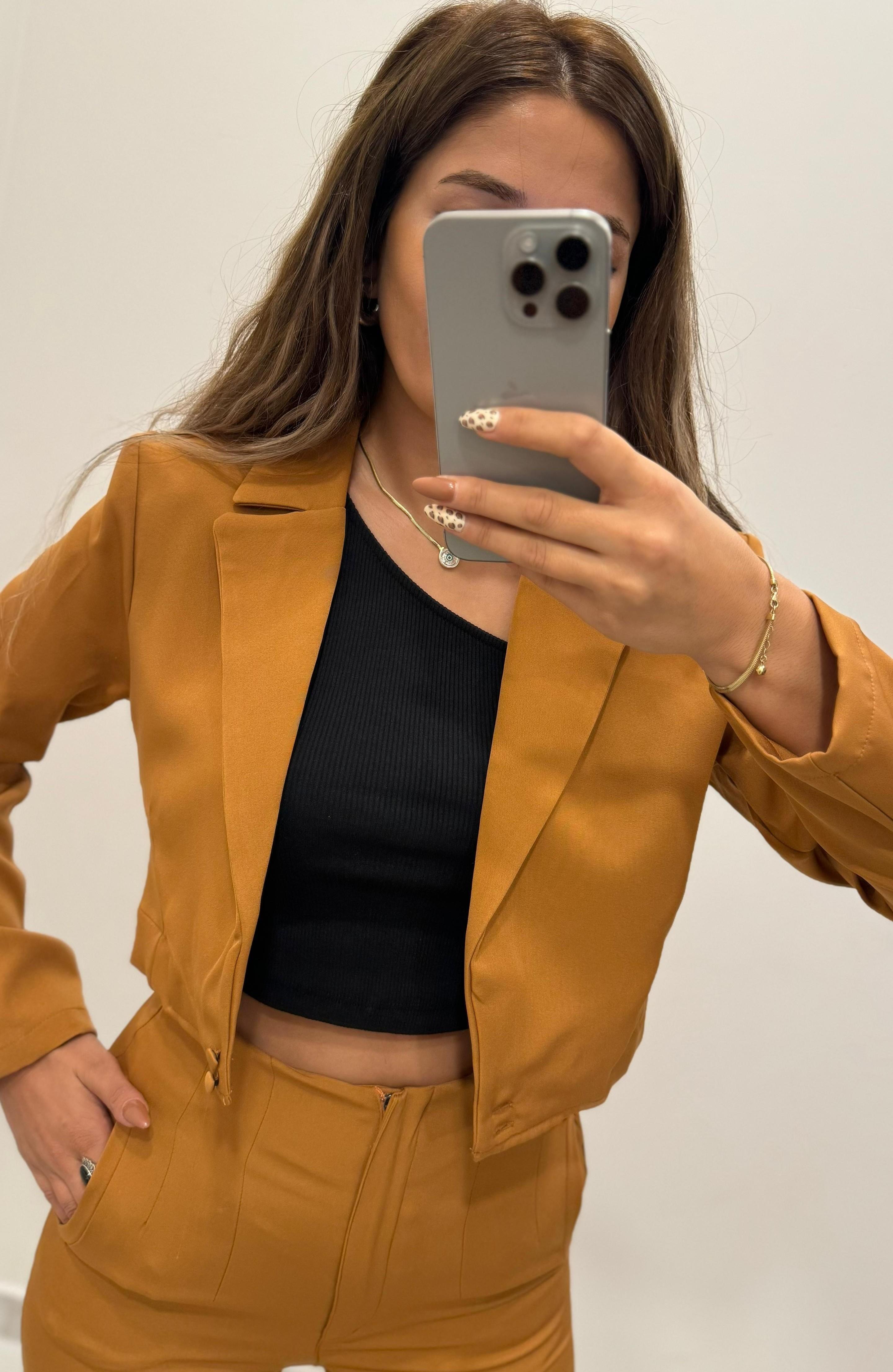 Taba Pantolon Crop Ceket Takım