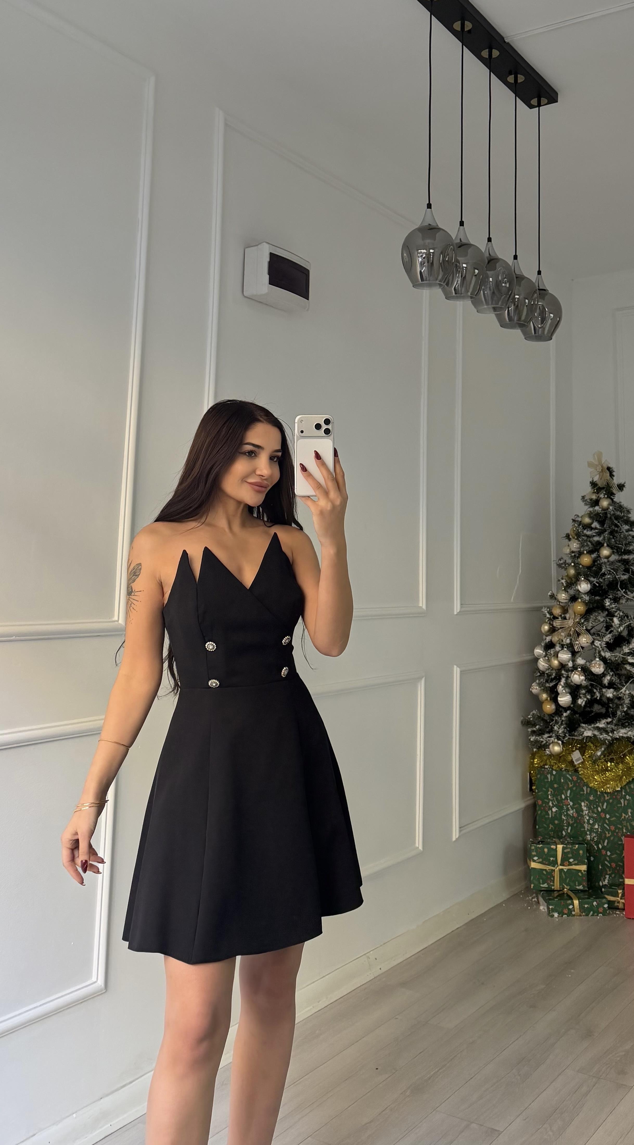 Taş Detaylı Straplez Mini Abiye Elbise-siyah