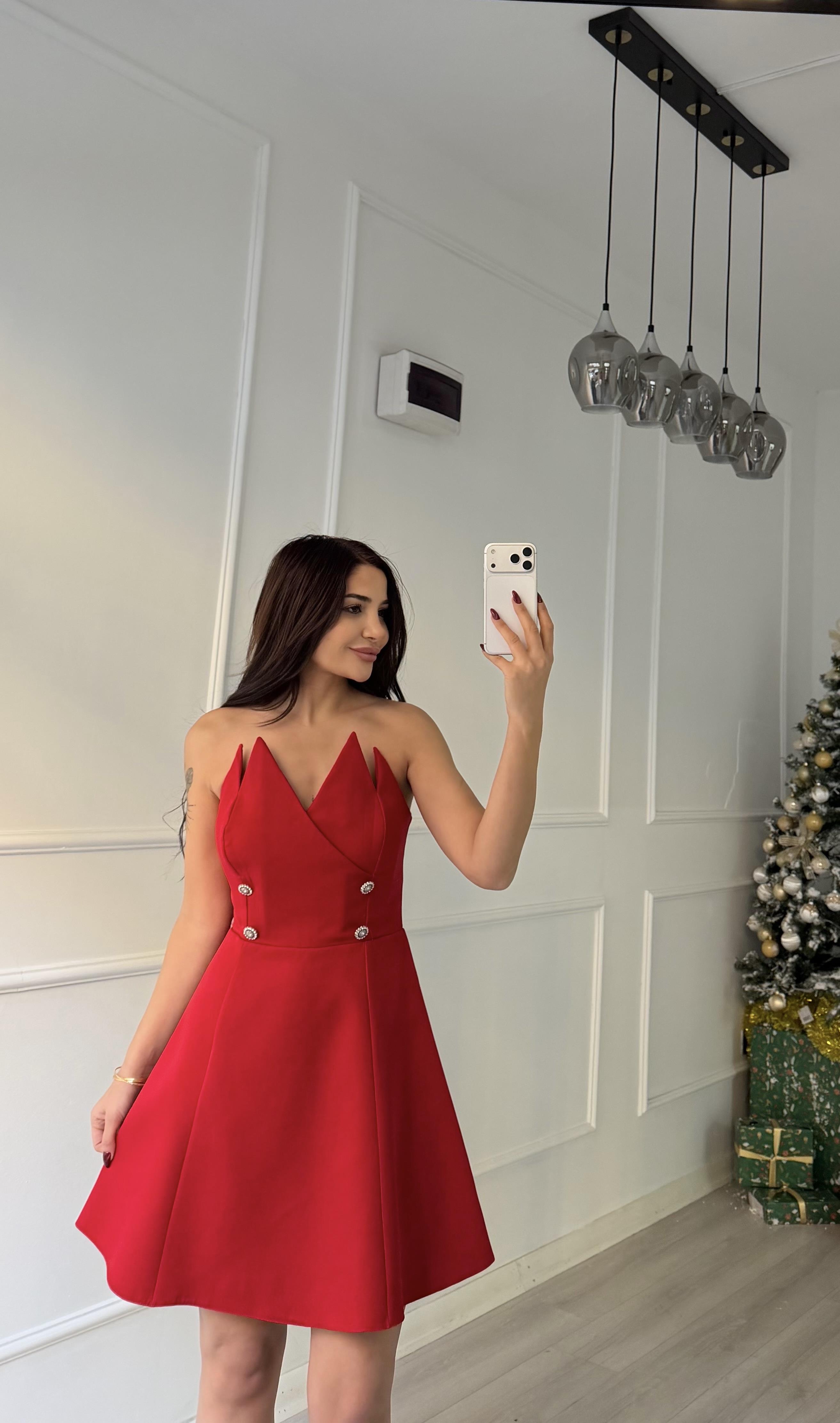 Taş Detaylı Straplez Mini Abiye Elbise-Kırmızı