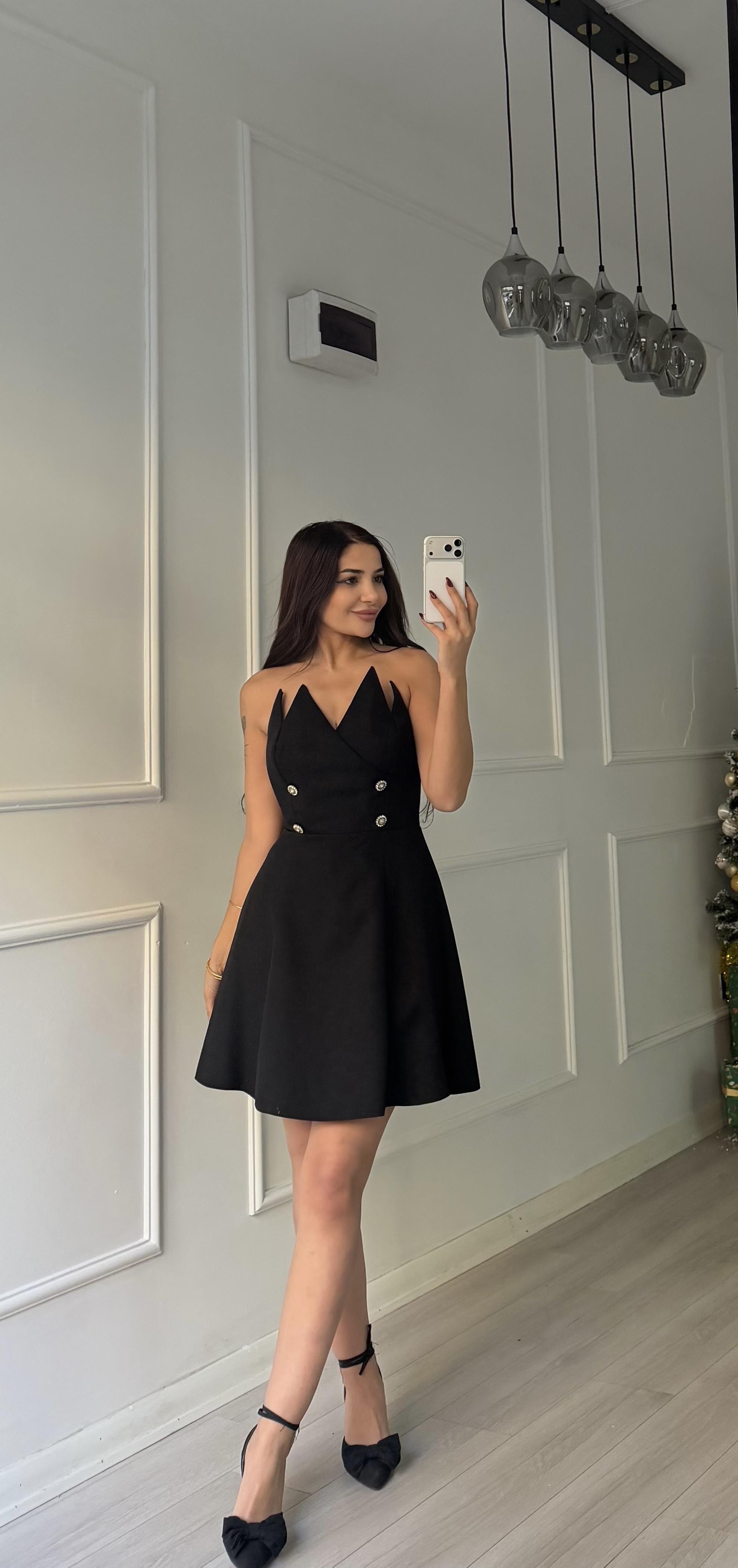 Taş Detaylı Straplez Mini Abiye Elbise-siyah