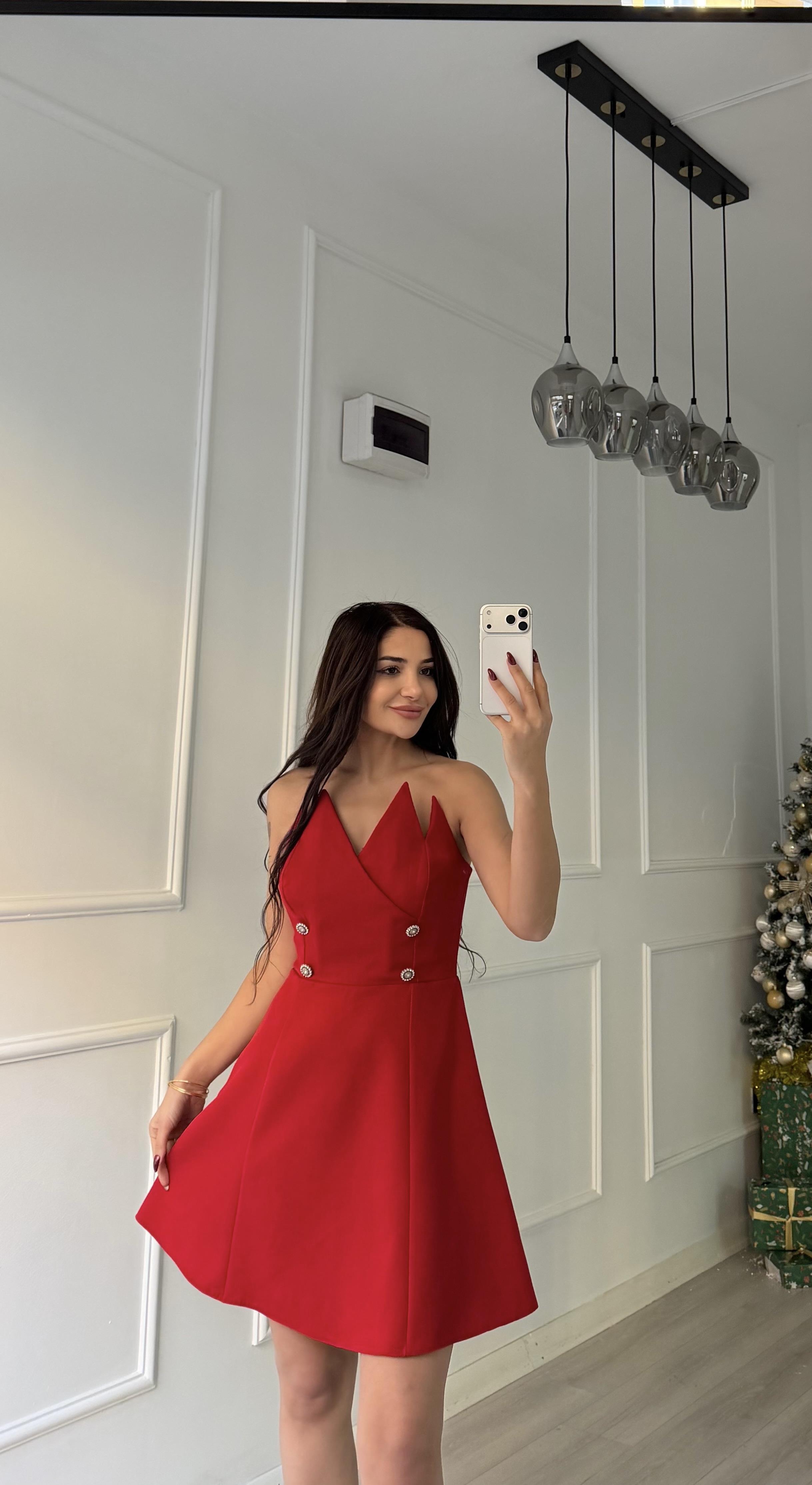 Taş Detaylı Straplez Mini Abiye Elbise-Kırmızı