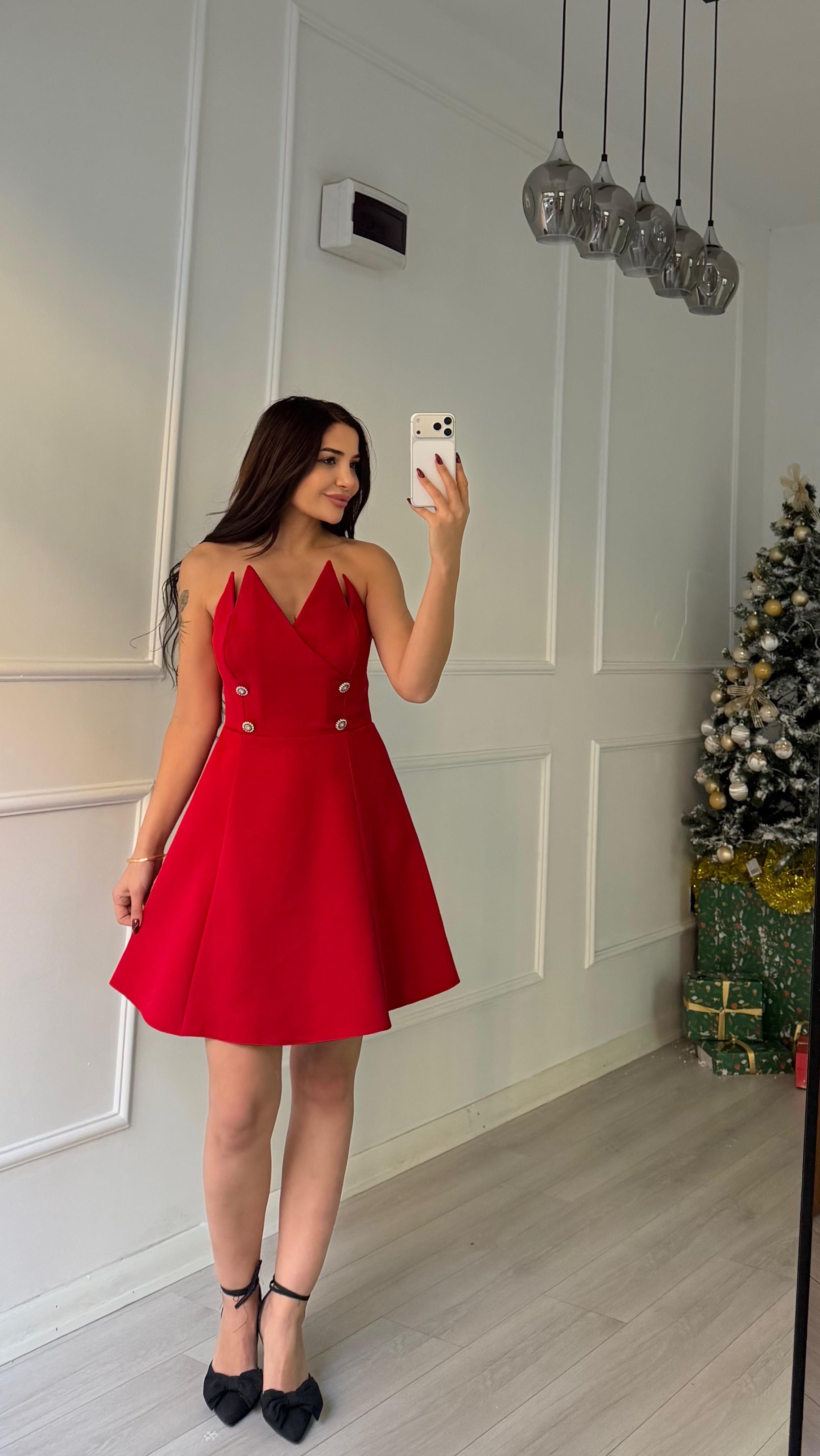 Taş Detaylı Straplez Mini Abiye Elbise-Kırmızı