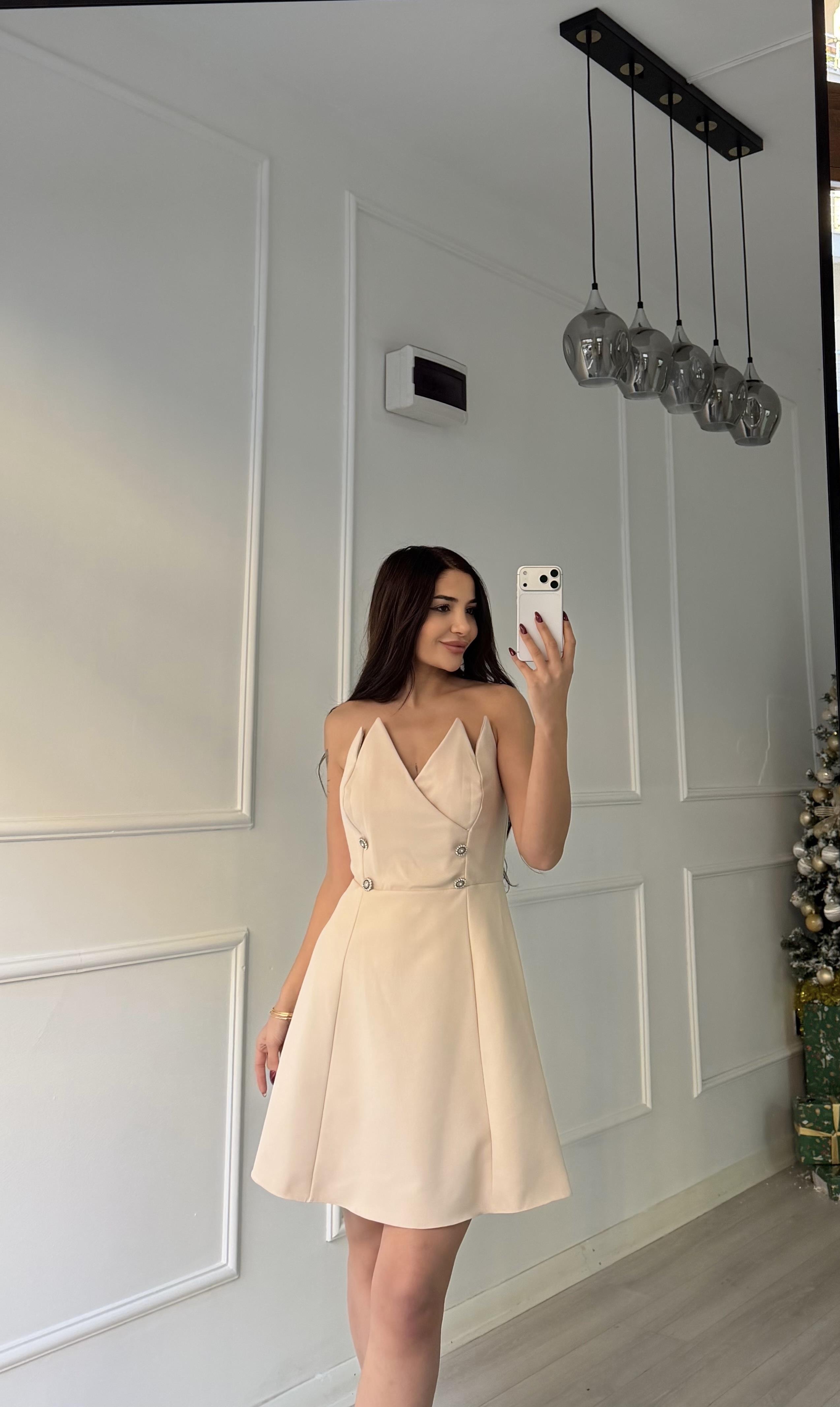 Taş Detaylı Straplez Mini Abiye Elbise-Bej
