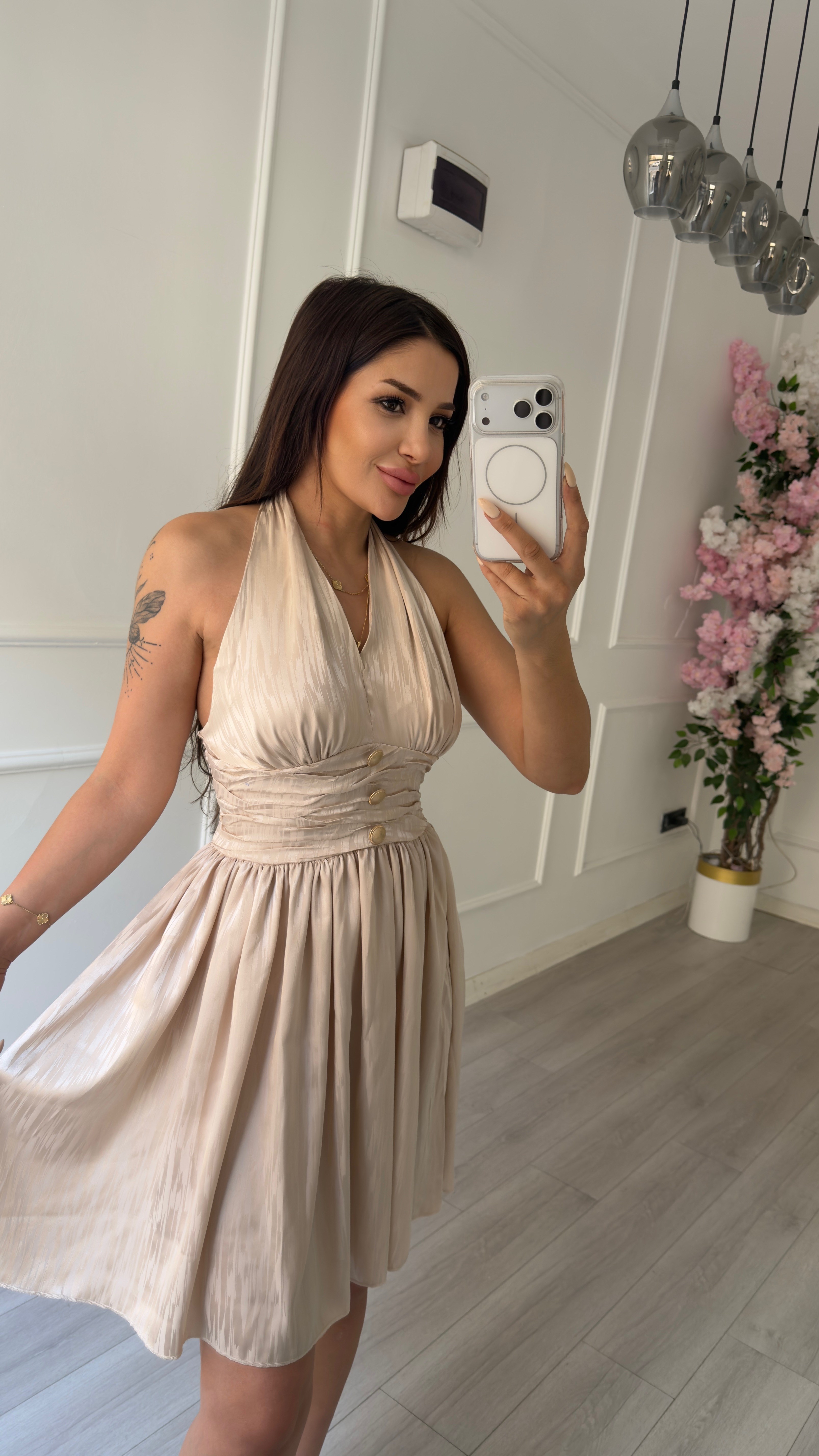 Boyundan Bağlamalı Gold Düğmeli Drape  Elbise