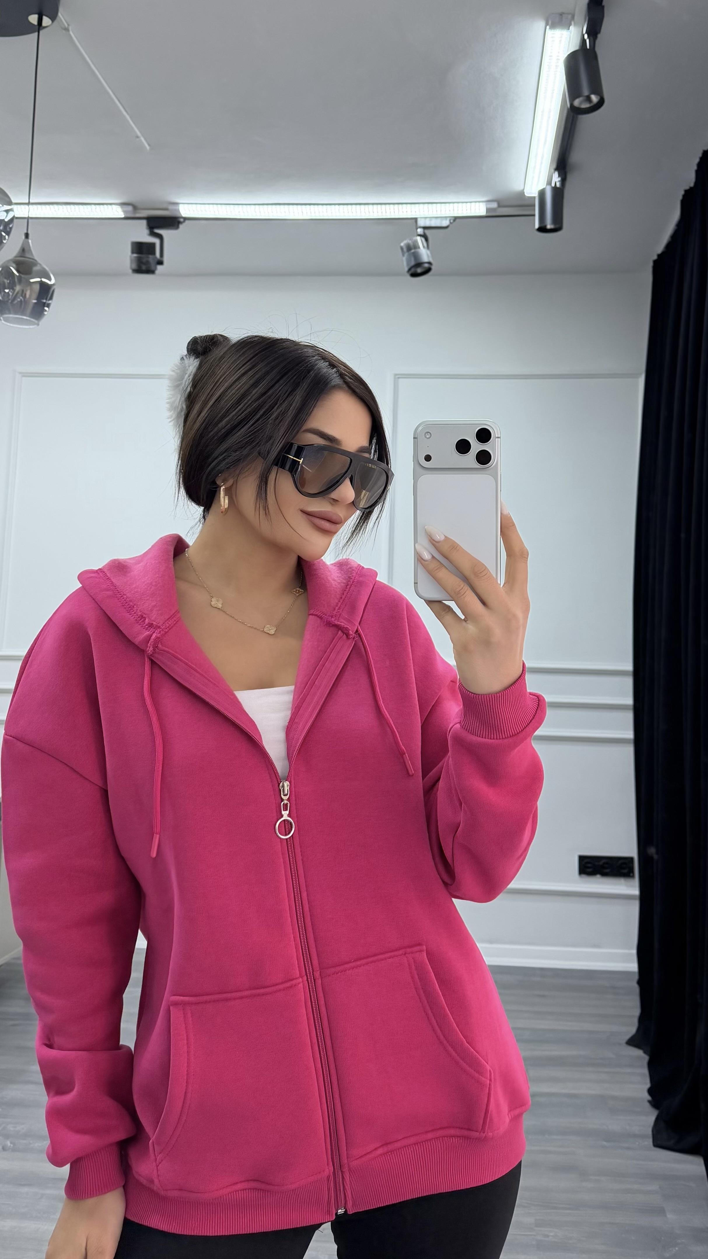 Üç İplik Kapüşonlu Sweatshirt Fuşya