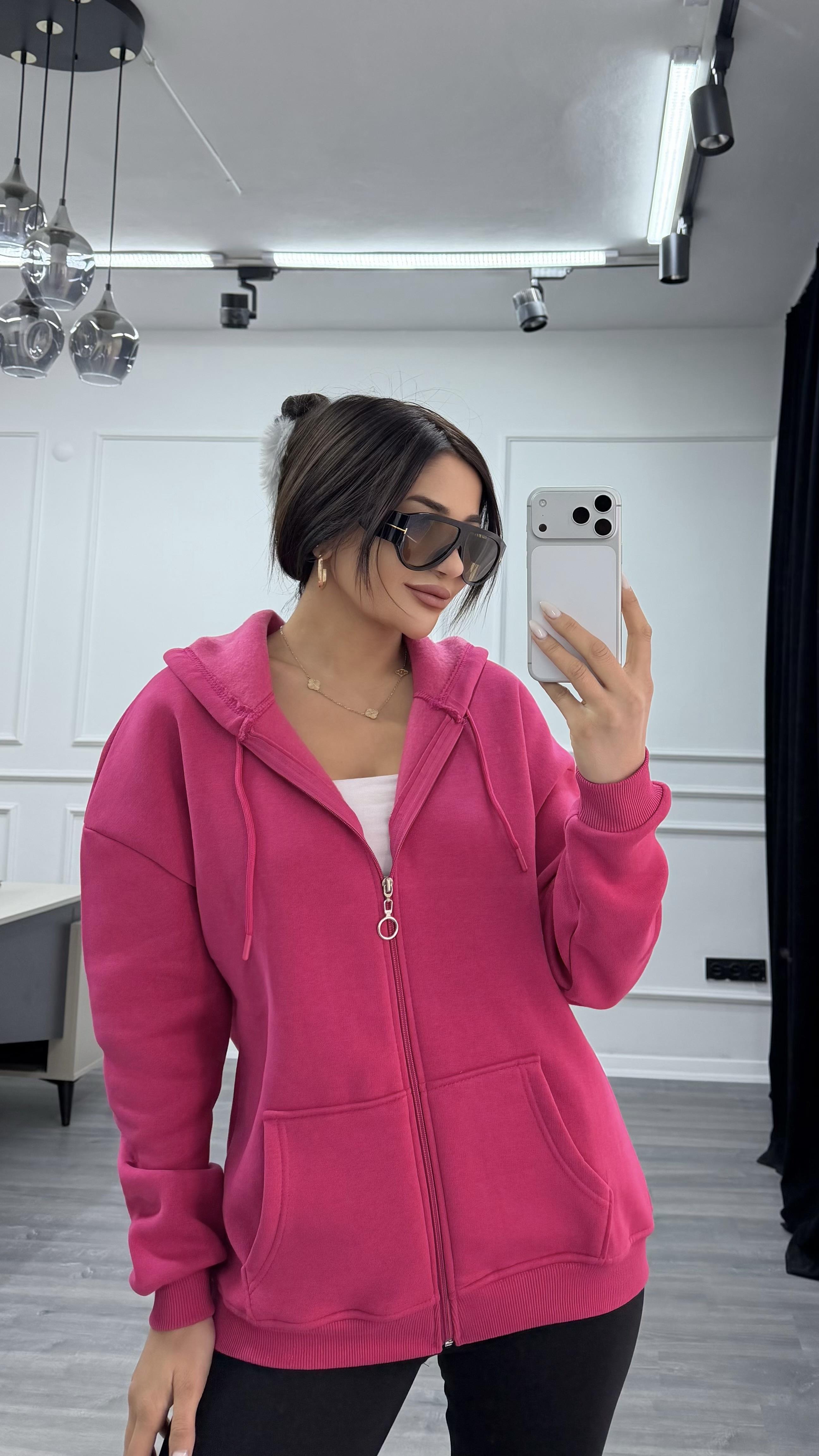 Üç İplik Kapüşonlu Sweatshirt Fuşya