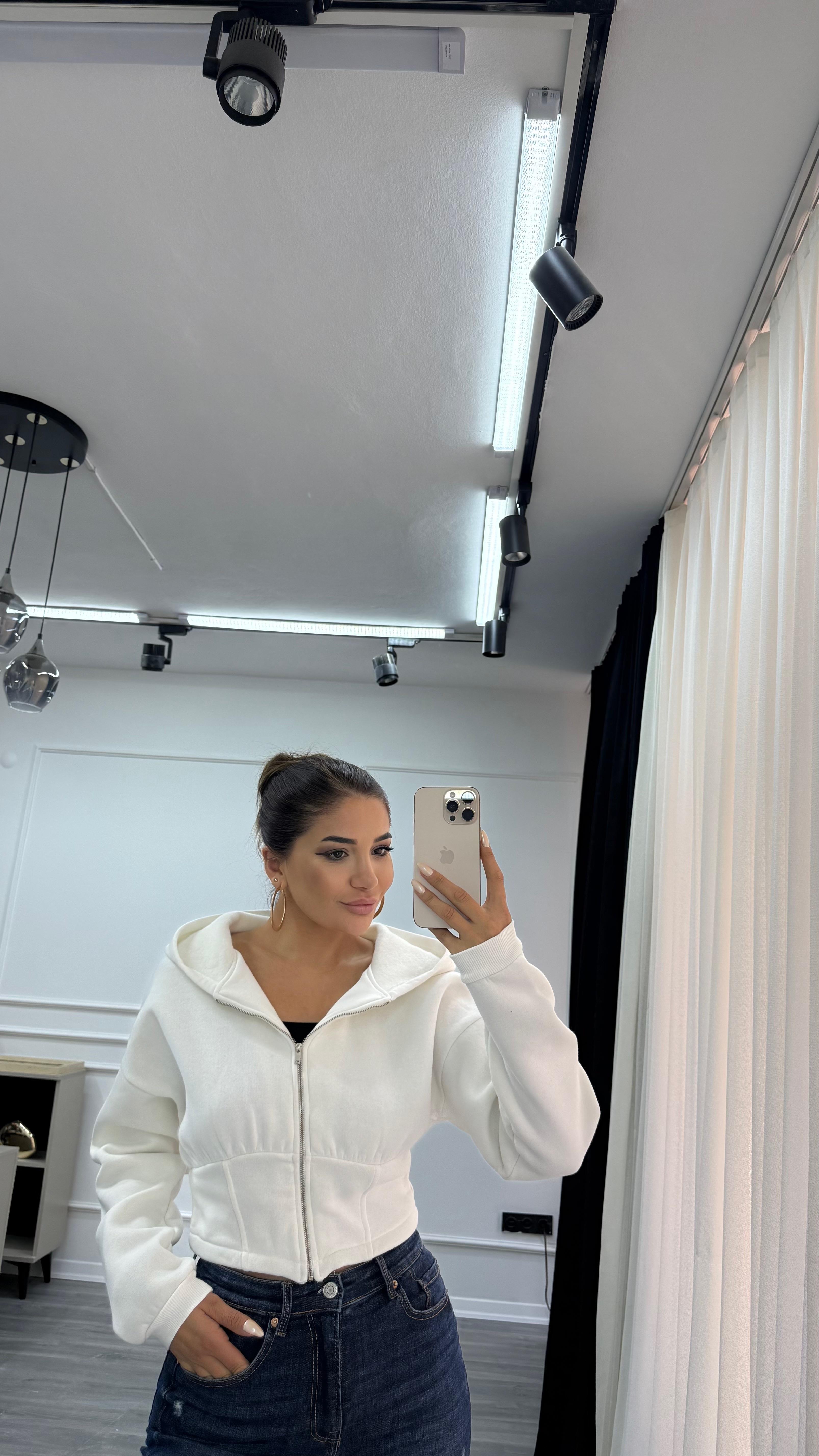 Üç İplik Şardonlu Kapüşonlu Kadın Sweatshirt Beyaz 