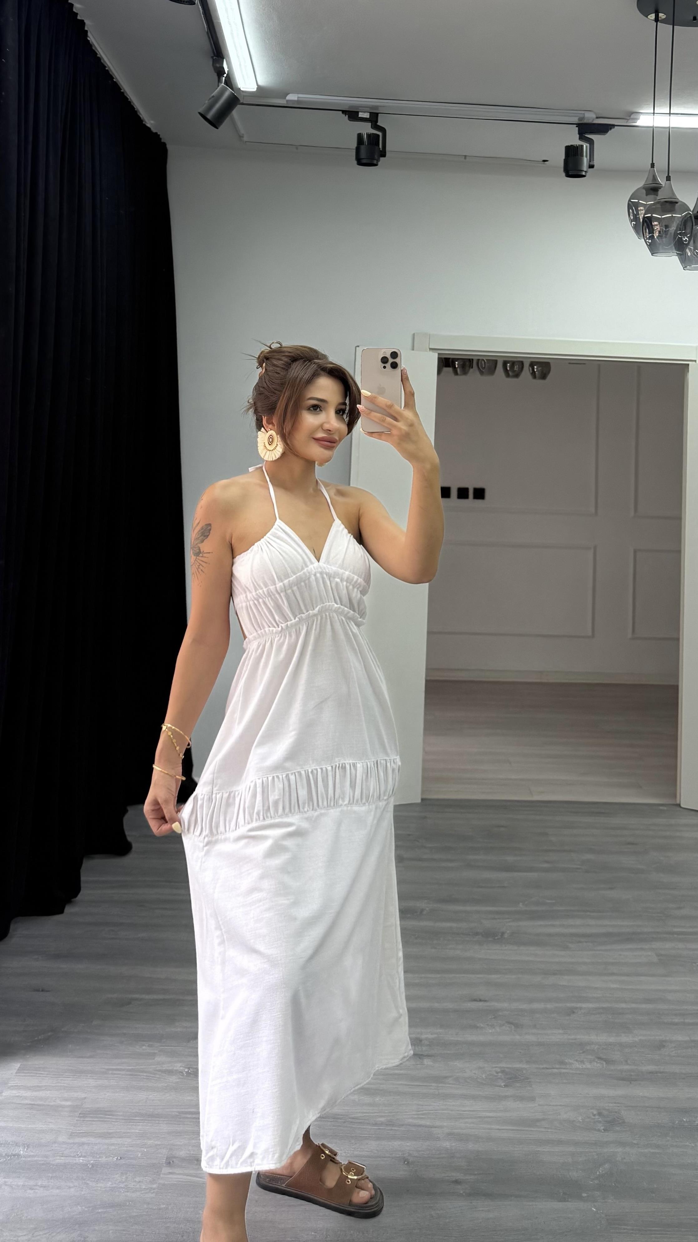 V Yaka Boyundan Bağlamalı Sırt Detaylı Elbise EKRU
