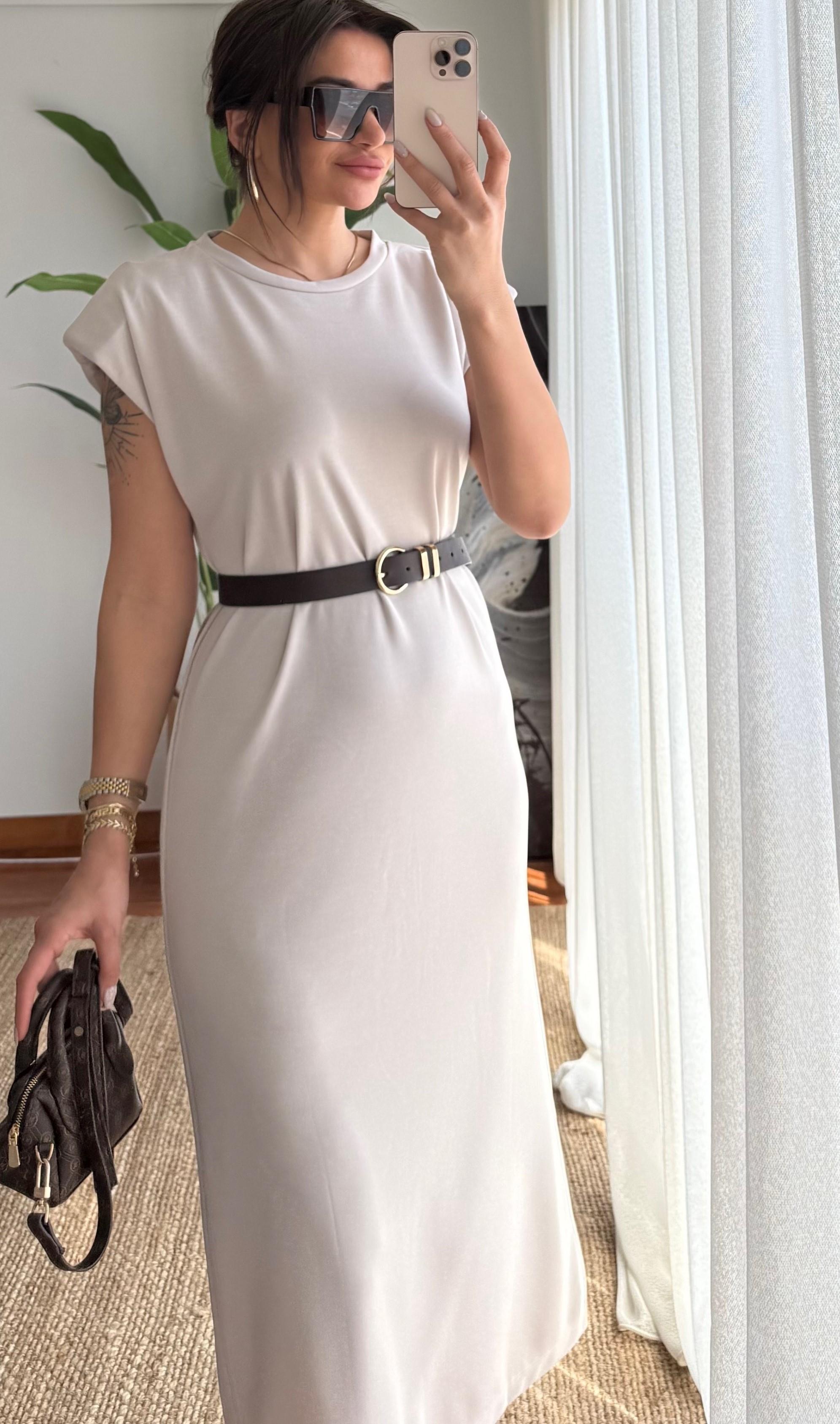 Vatkalı Omuzlu Midi Boy Elbise Bisiklet Yaka
