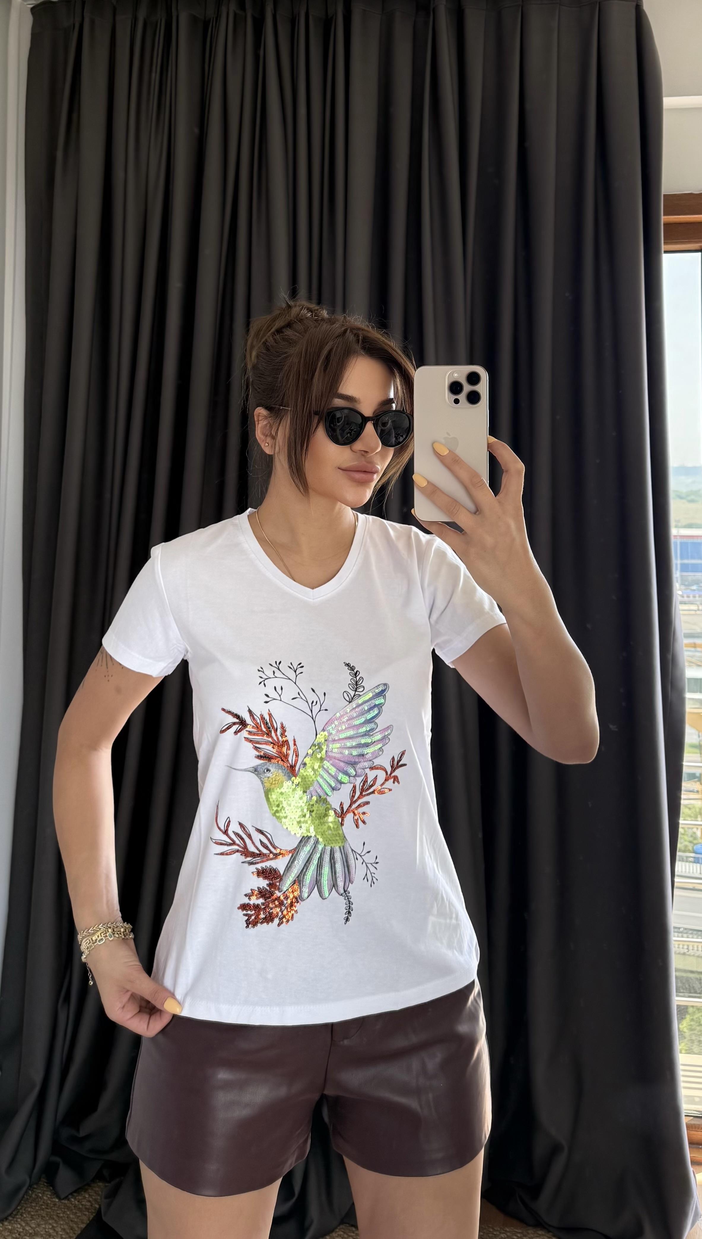 Beyaz Yeni Sezon %100 Pamuk T-shirt-Kuş Işlemeli