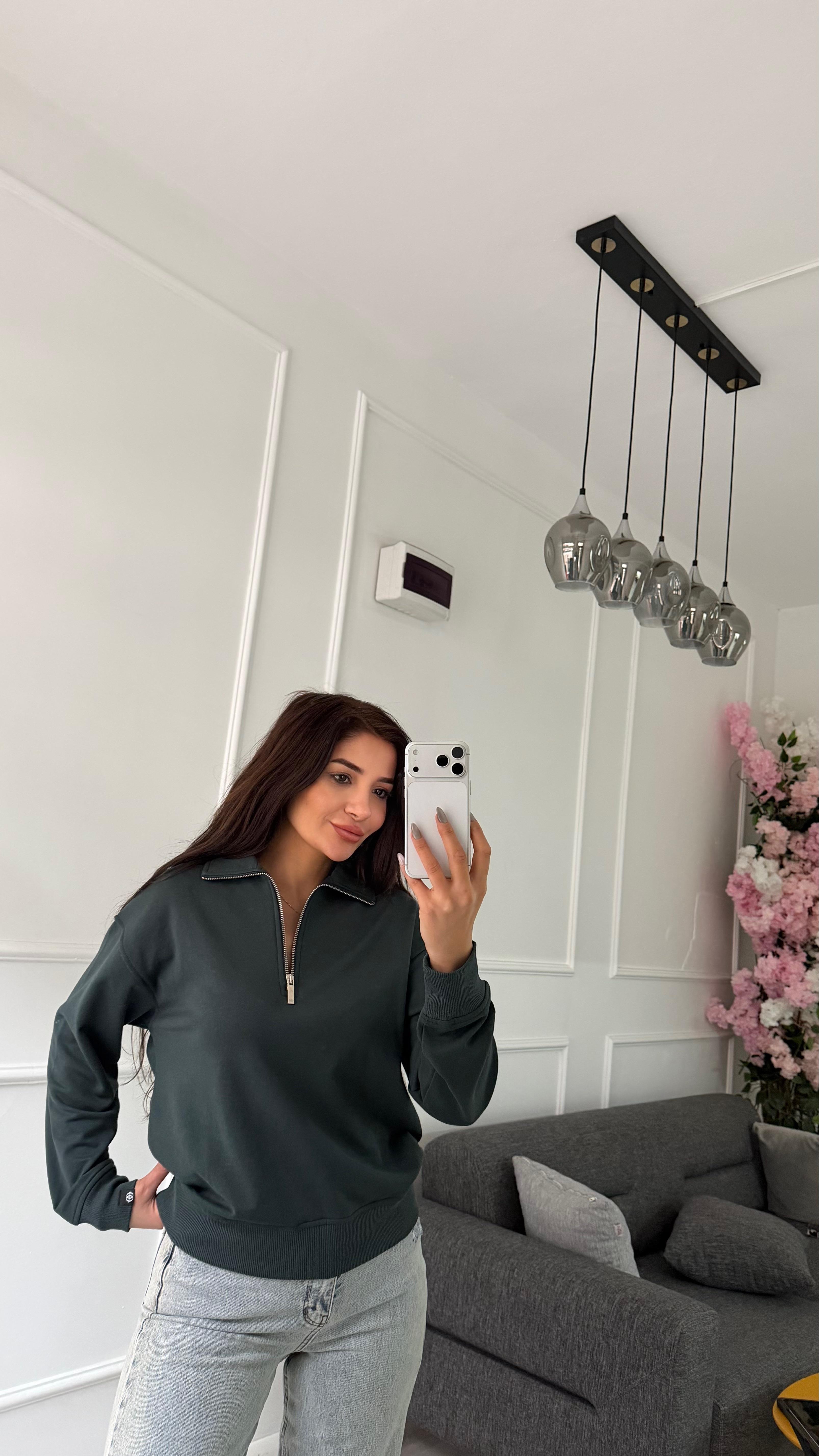 Yeşil Yarım Fermuarlı Yaka Swatshirt