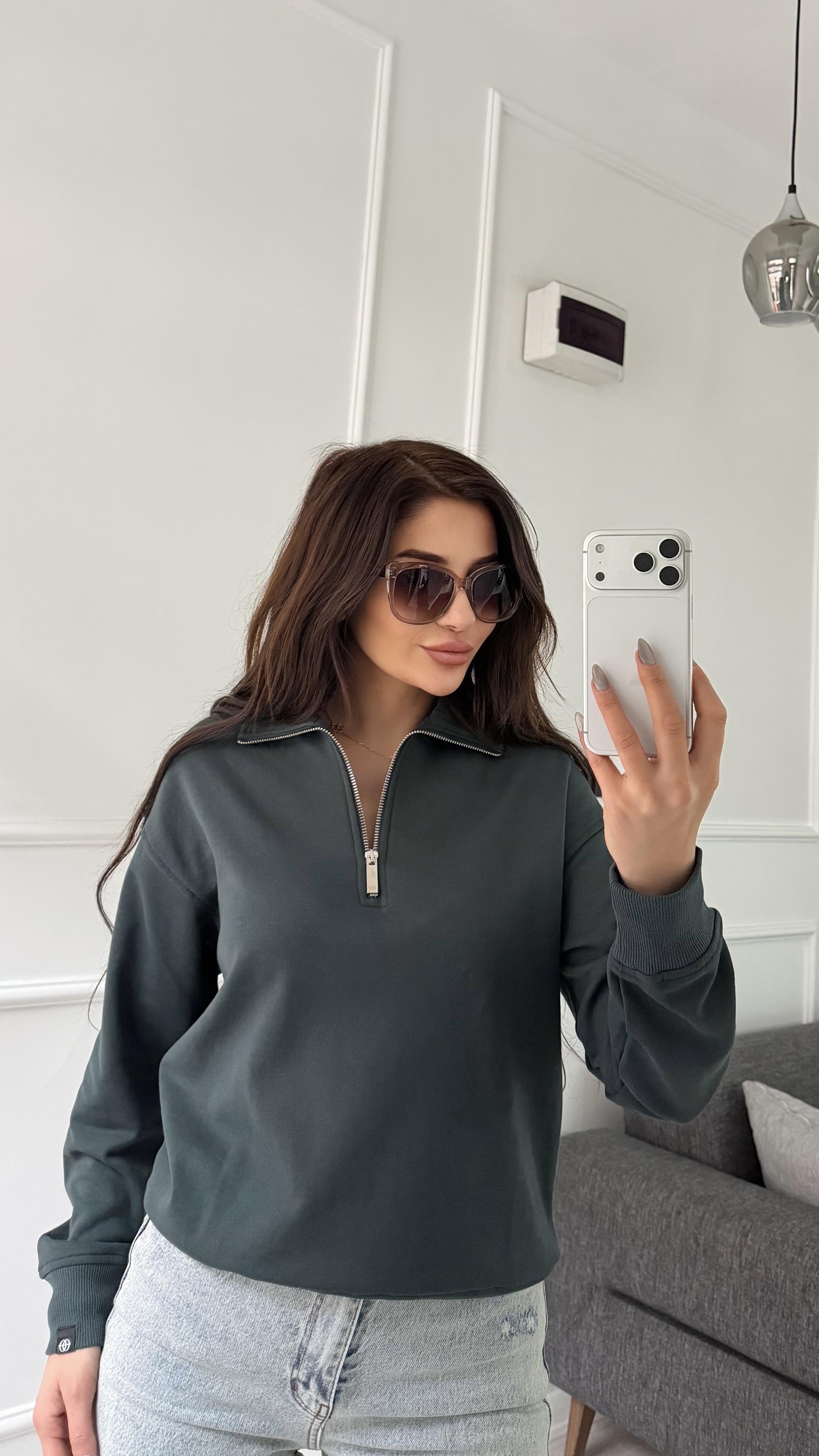 Yeşil Yarım Fermuarlı Yaka Swatshirt