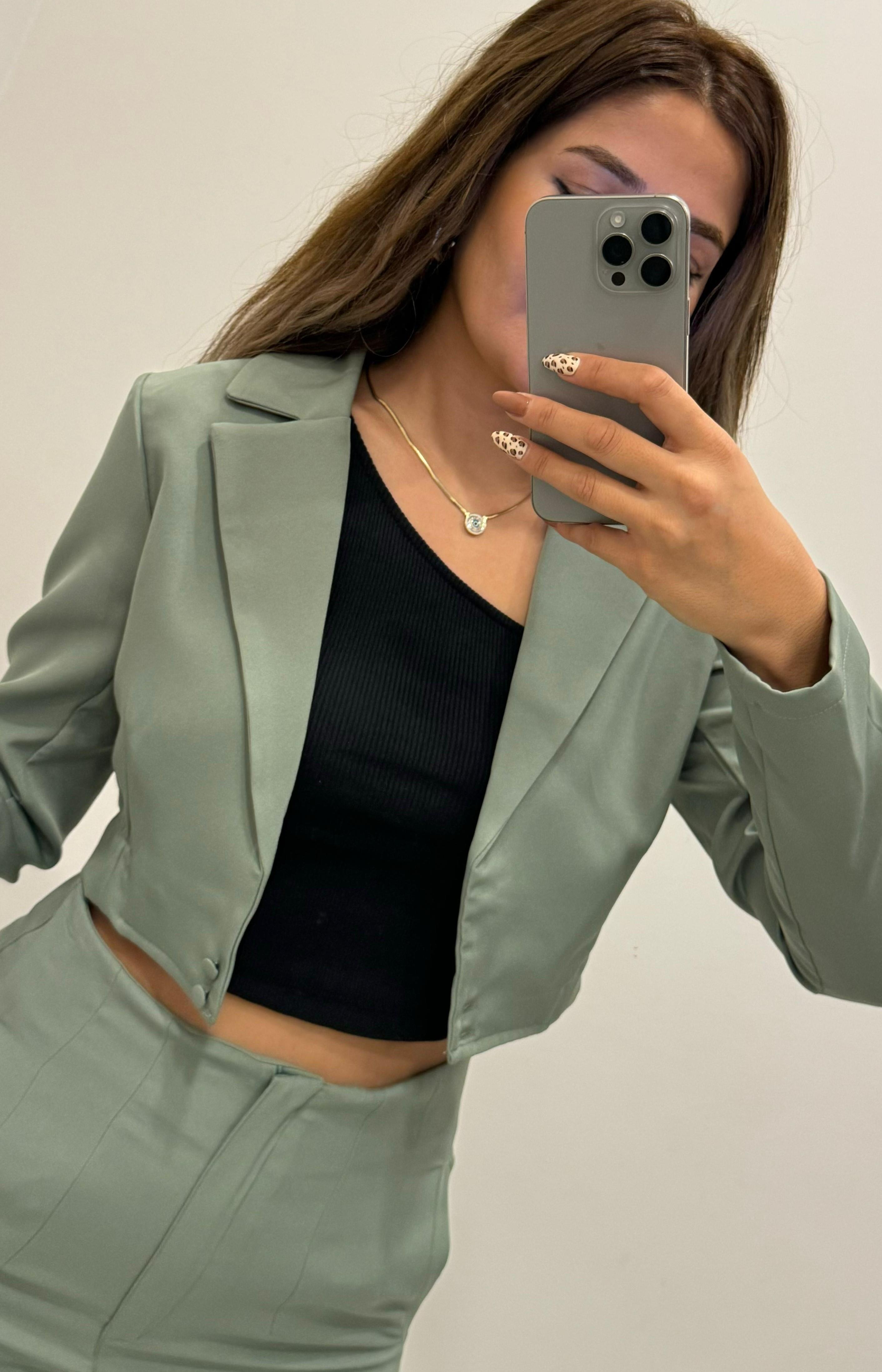 Yeşil Pantolon Crop Ceket Takım