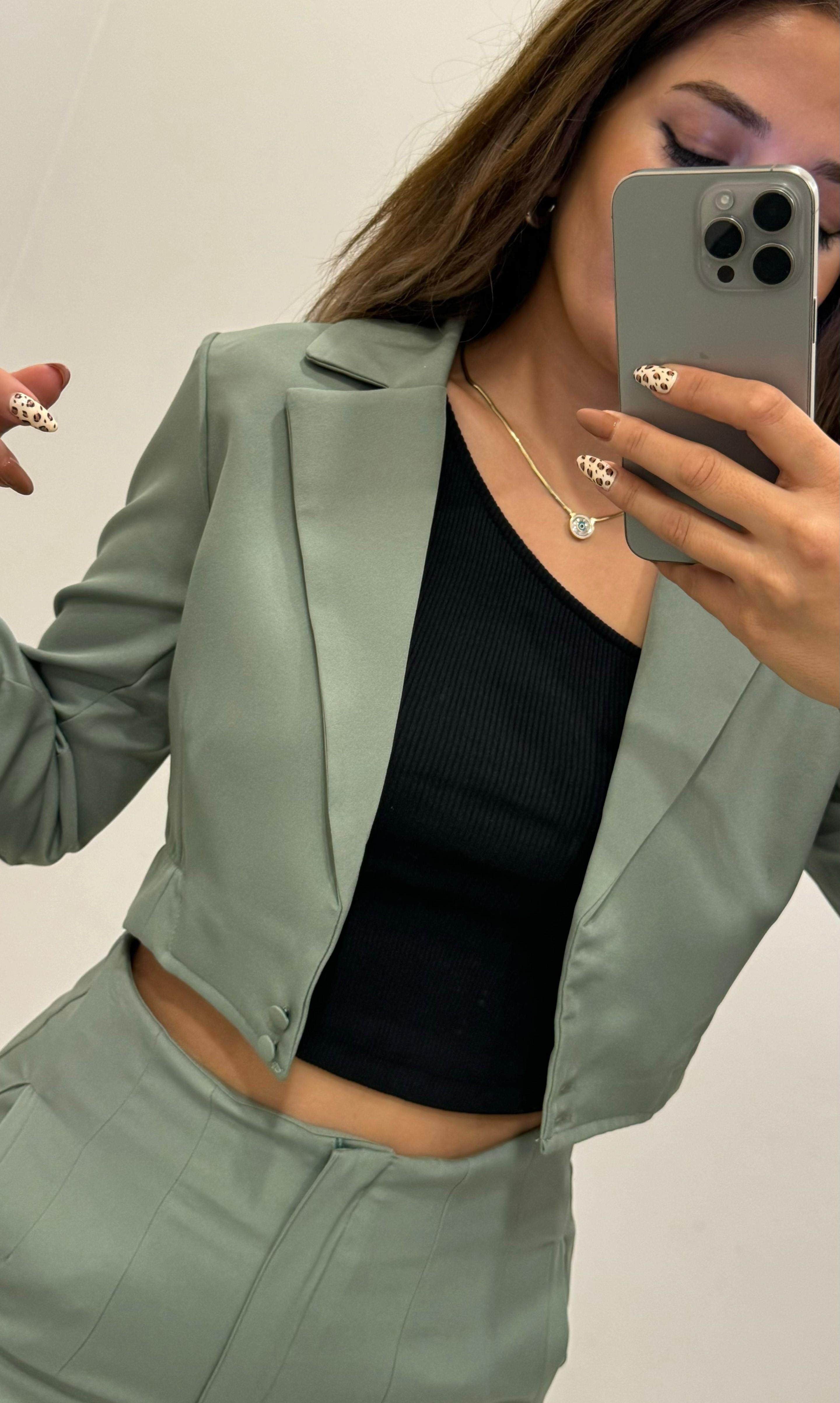 Yeşil Pantolon Crop Ceket Takım