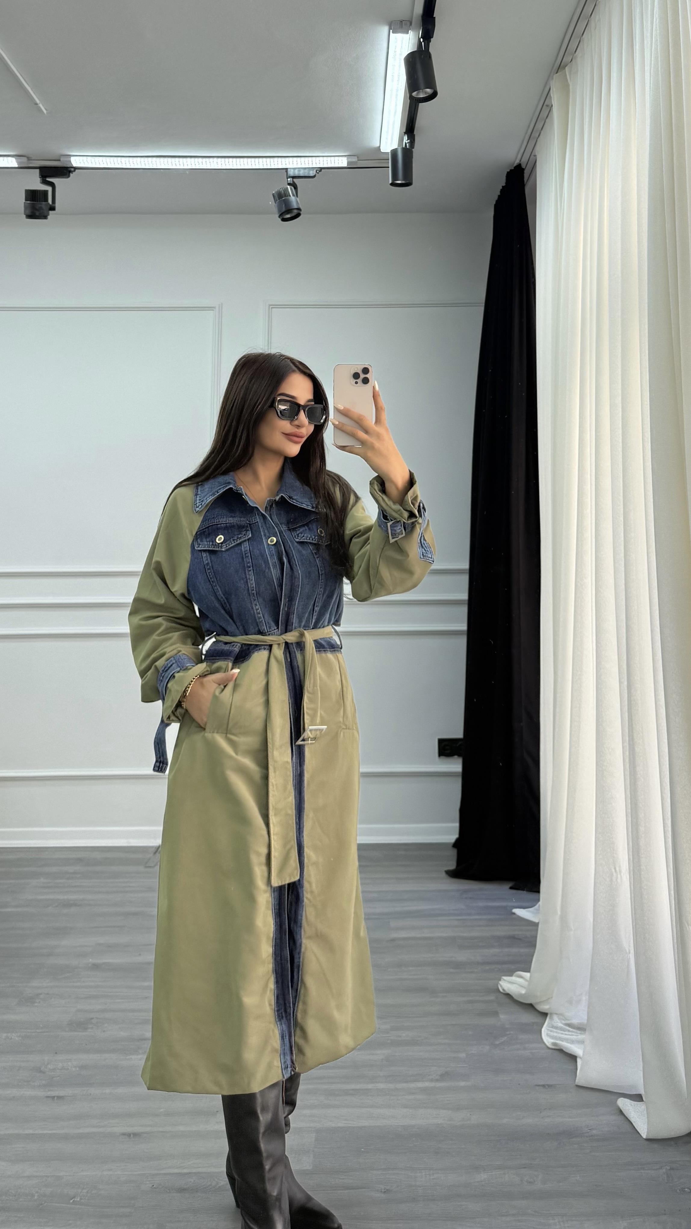 Yeşil Uzun Denim Detaylı Kuşaklı Trençkot
