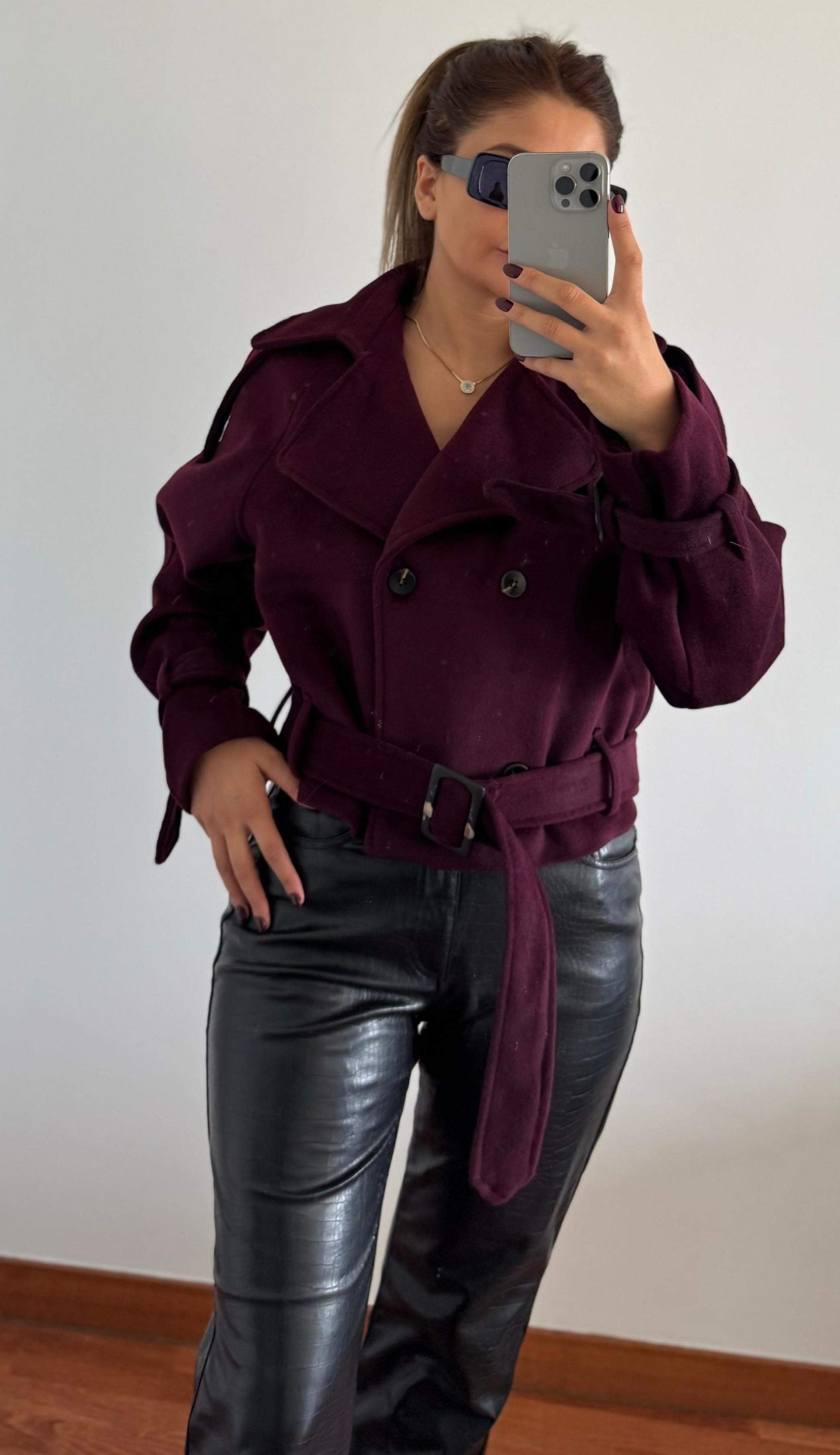Yumuşak Dokulu Kısa Oversize Kaşe Kaban-Bordo