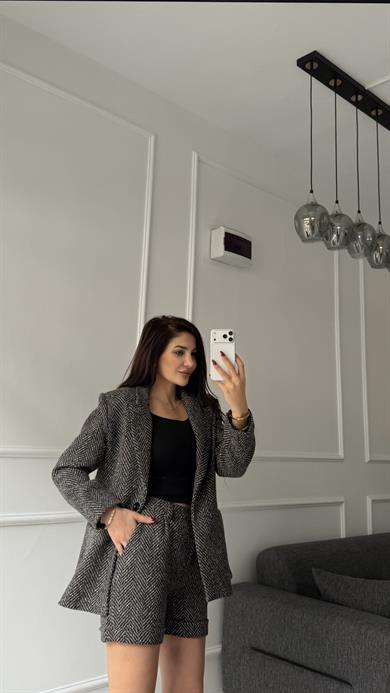  Balık Sırtı Desenli Kaşe Kumaş  Ceket Şort Takım - Siyah Ekru