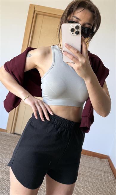  Beli Lastikli % Pamuk Relaxed  Şort-Siyah