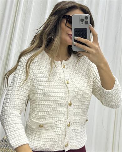  Bisiklet Yaka Dokulu Düğmeli Triko Hırka-Ekru
