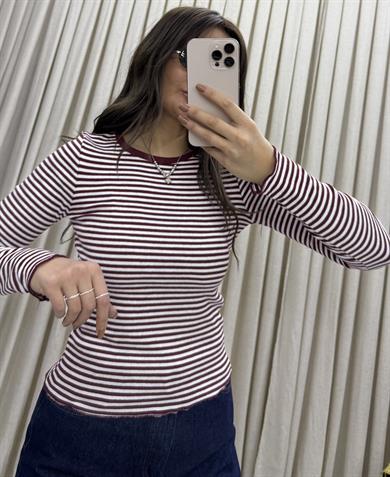  Çizgili bisiklet yaka uzun kollu t-shirt-Bordo