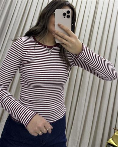  Çizgili bisiklet yaka uzun kollu t-shirt-Bordo
