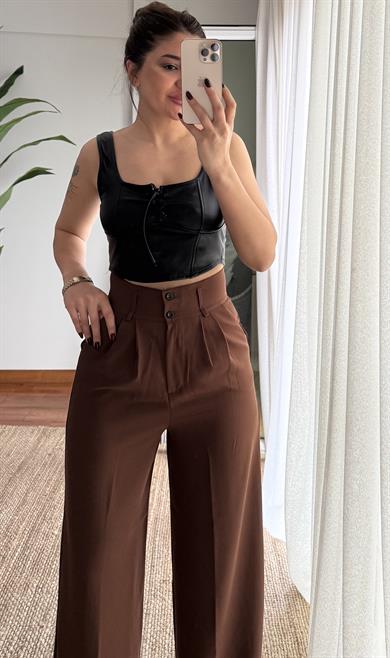  Kadın Pileli Kahverengi Renk Palazzo Pantolon
