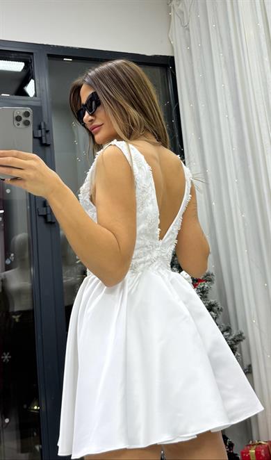  Kadın  V Yaka Drapeli Kiloş Etekli Mini abiye after party elbisesi 