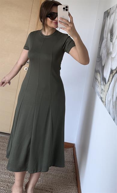  Kısa Kollu Premium %100 Pamuk Modal Kumaş Kloş Çan Midi Boy Yazlık Elbise-Haki
