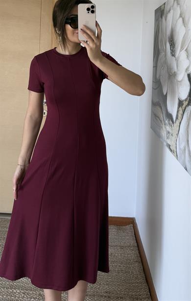  Kısa Kollu Premium %100 Pamuk Modal Kumaş Kloş Çan Midi Boy Yazlık Elbise-Bordo