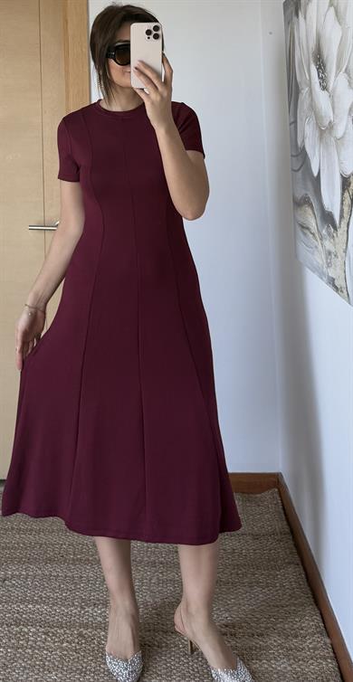  Kısa Kollu Premium %100 Pamuk Modal Kumaş Kloş Çan Midi Boy Yazlık Elbise-Bordo