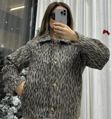  Leopar Desen Yakalı Ceket