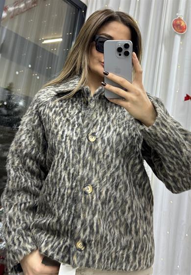  Leopar Desen Yakalı Ceket