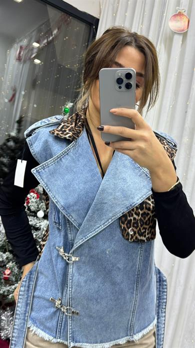 Leopar Desenli Belden Bağlamalı Kolsuz Denim Kumaş Kot Yelek 