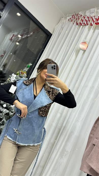 Leopar Desenli Belden Bağlamalı Kolsuz Denim Kumaş Kot Yelek 