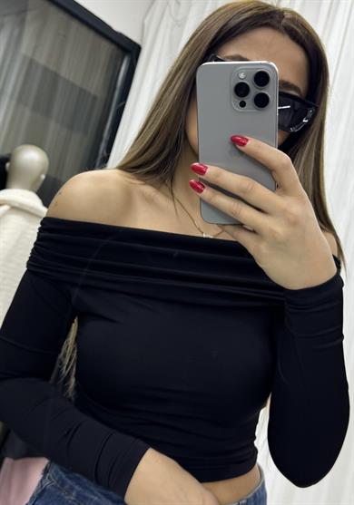  Madonna Yaka Drapeli Uzun Kollu Sandy Body Bluz-Siyah