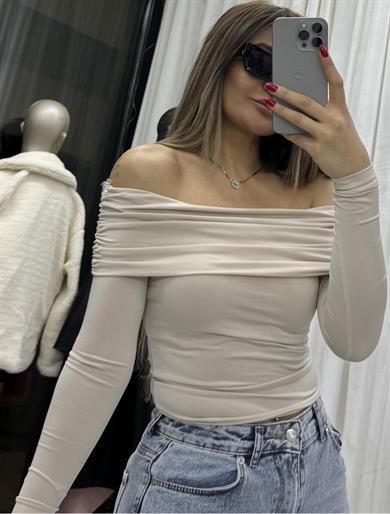  Madonna Yaka Drapeli Uzun Kollu Sandy Body Bluz-Taş