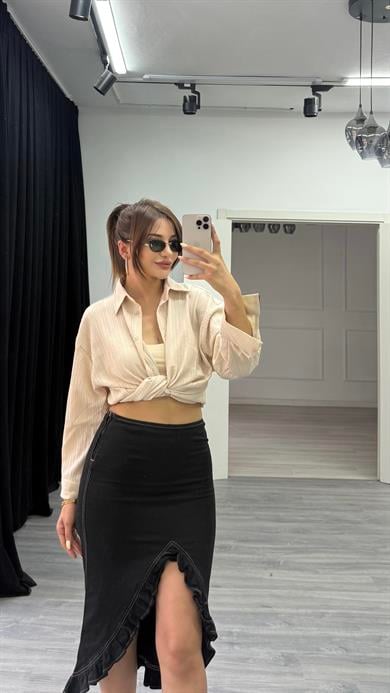  Ön Yırtmaçlı Etek Tintli Likralı Kot Kumaş Siyah