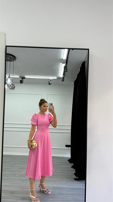  Pembe Bisiklet Yaka Kısa Karpuz Kol Midi Boy Premium Elbise