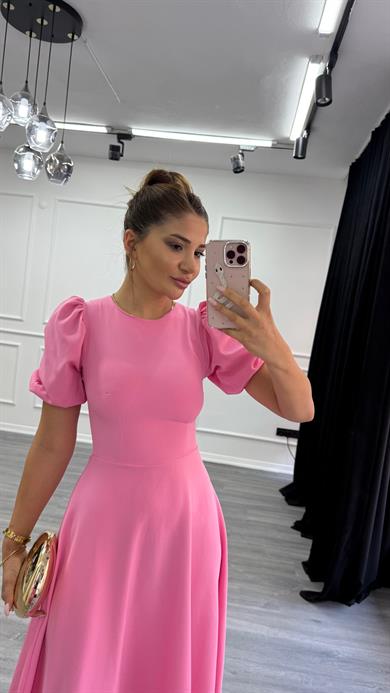  Pembe Bisiklet Yaka Kısa Karpuz Kol Midi Boy Premium Elbise