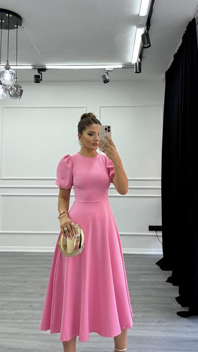  Pembe Bisiklet Yaka Kısa Karpuz Kol Midi Boy Premium Elbise