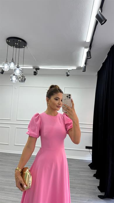  Pembe Bisiklet Yaka Kısa Karpuz Kol Midi Boy Premium Elbise