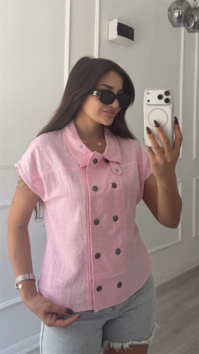    Pembe Çift Çıtçıtlı Dik Yaka Keten Gömlek