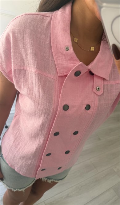    Pembe Çift Çıtçıtlı Dik Yaka Keten Gömlek