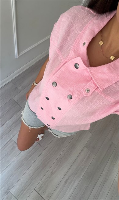    Pembe Çift Çıtçıtlı Dik Yaka Keten Gömlek