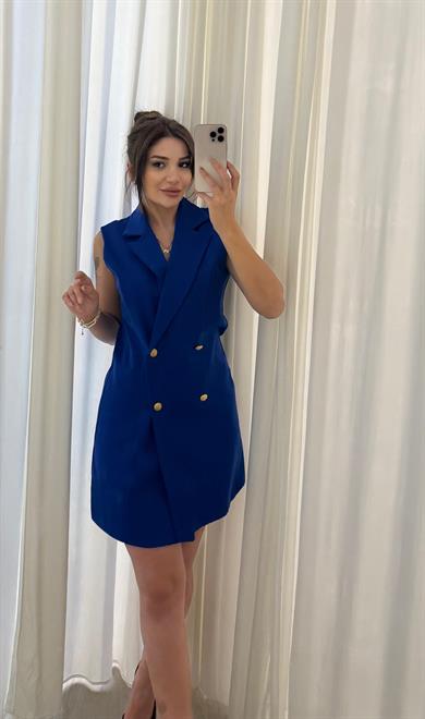  Slim Fit Rahat Kolsuz Double Crep Kumaş  Elbise -Mavi