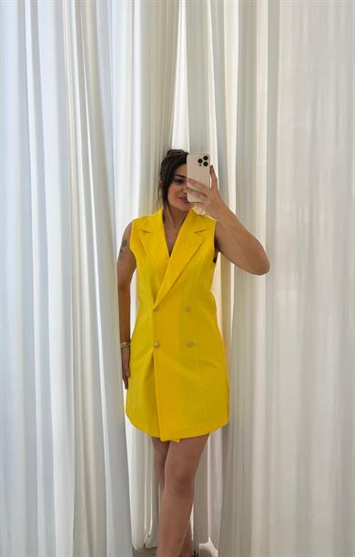  Slim Fit Rahat Kolsuz Double Crep Kumaş  Elbise -Sarı